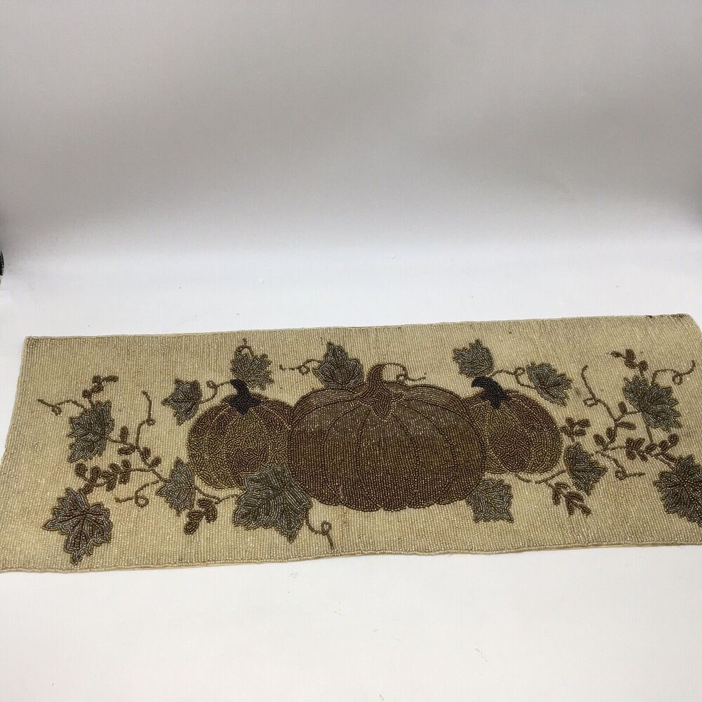 PIER 1 IMPORTS Beaded Table Runner Fall Autumn Thanksgiving 35”x13” Pumpkin Leaf